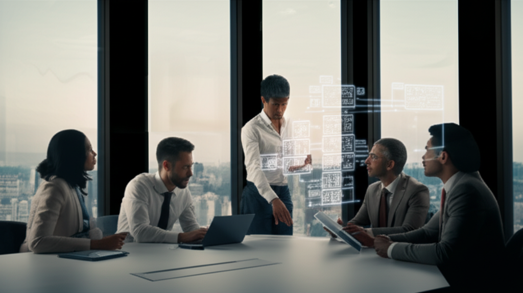 A team of business professionals and AI experts working together around a table.