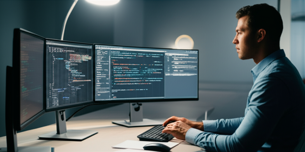 A developer collaborating with an AI agent on a complex coding problem.