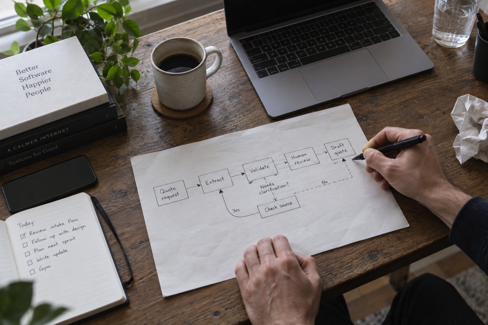 Illustration: a hand-drawn quote intake flow on paper beside a laptop