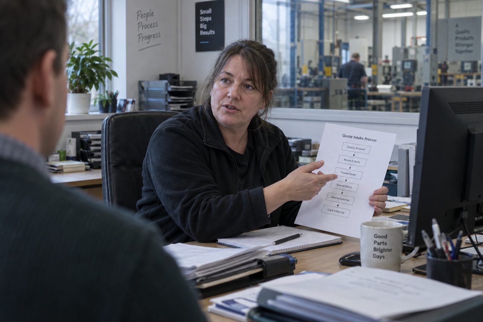 Illustration: an operator at their own desk explaining a quote intake process during a diagnostic interview