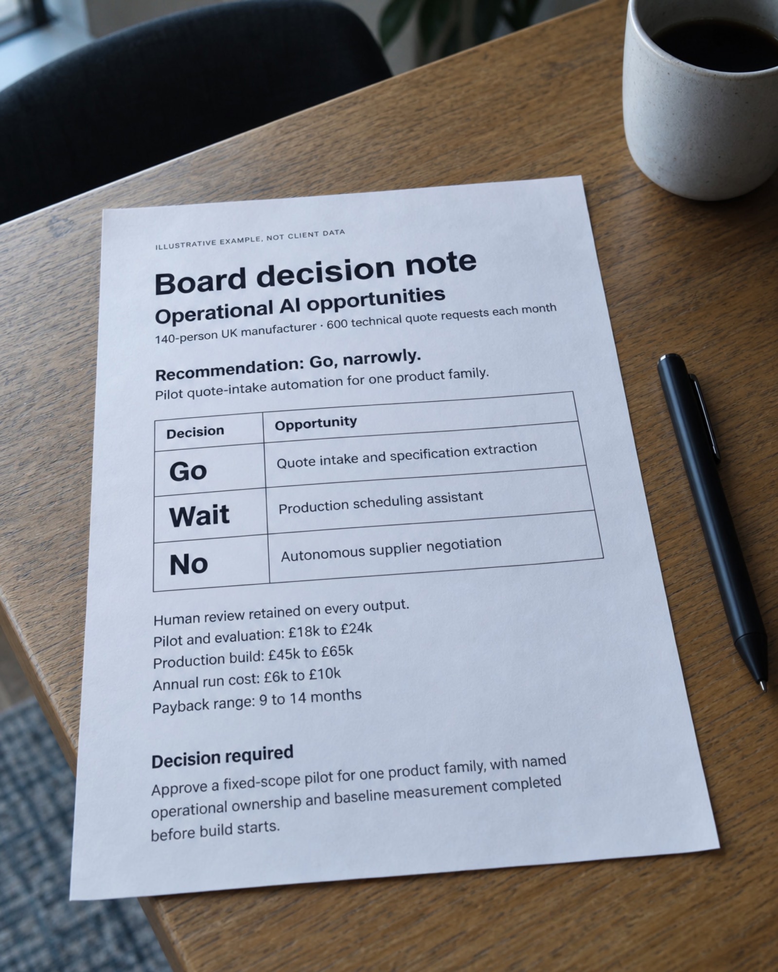 The sample board decision note printed and lying on a meeting-room table beside a pen and a cup