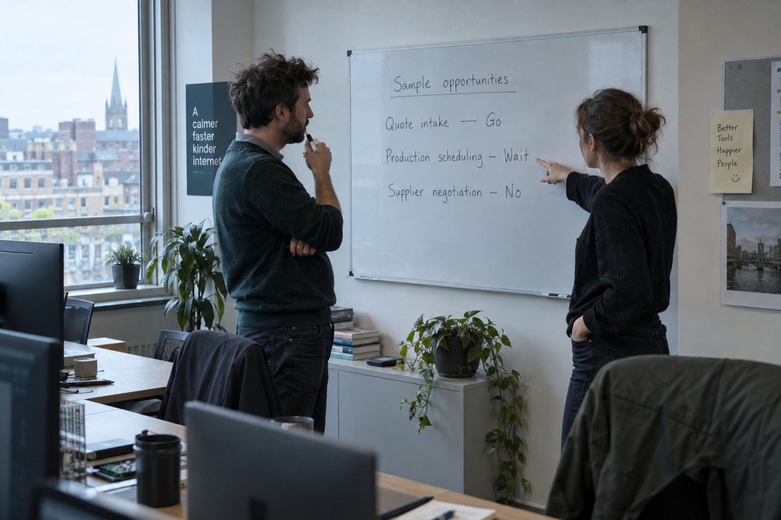 Illustration: two people at a whiteboard working through a sample opportunity list